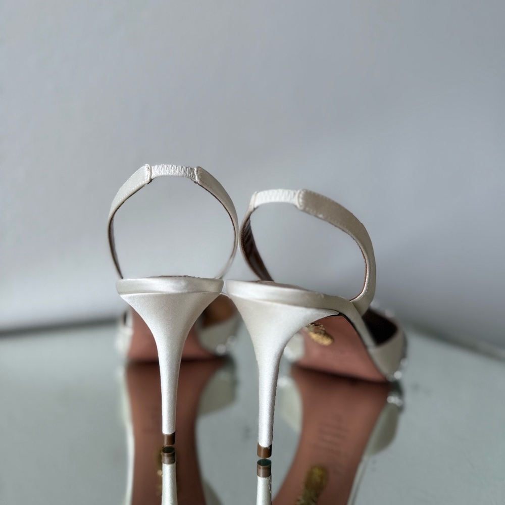 Worn once AQUAZZURA Gatsby 75 crystal-embellished satin slingback pumps - Picture 9 of 16